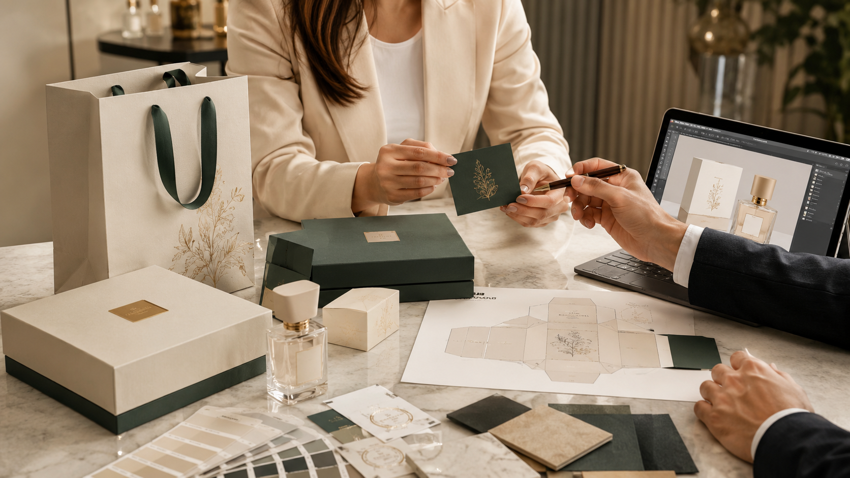 Packaging design workspace with dielines, colour swatches and luxury samples