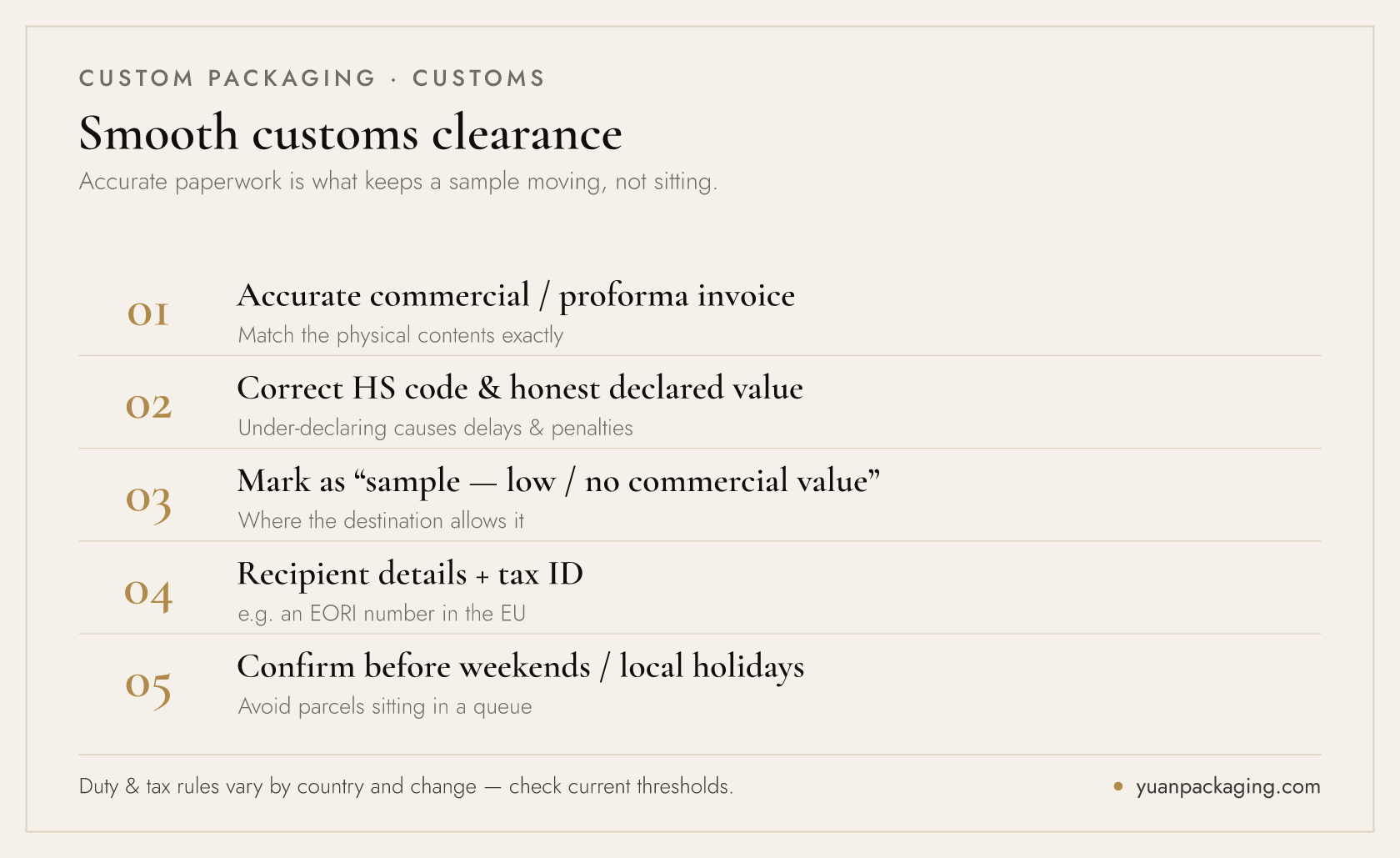 Tips for smooth customs clearance of packaging samples — accurate commercial invoice, HS code, mark as sample, recipient tax/EORI number