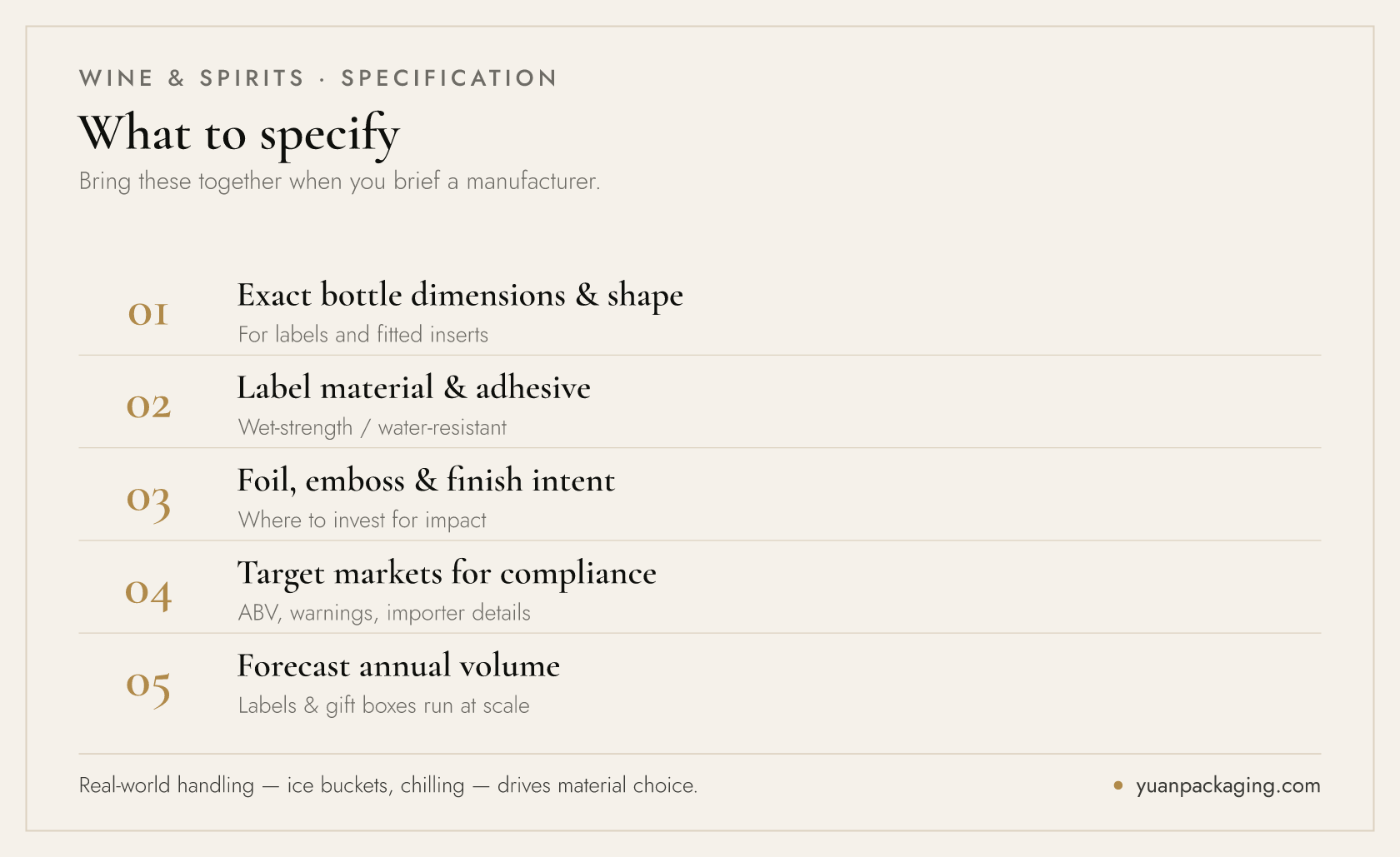 What to specify for wine and spirits packaging — bottle dimensions, label material, foil and finish, MOQ and certifications
